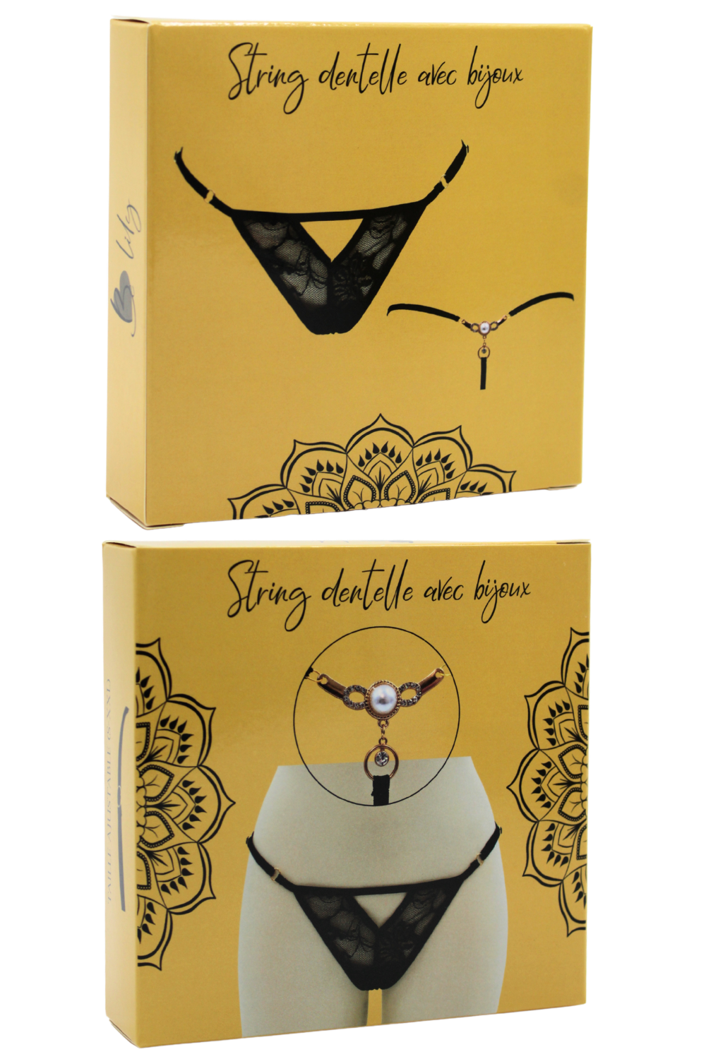 String noir avec bijou perle &amp; strass dorés