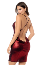 Robe sexy rouge scintillante dos nu avec string chaîne