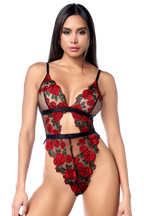 Teddy taille haute en résille noire brodée de roses avec ceinture