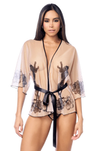 Peignoir sexy en résille imprimée transparente avec string