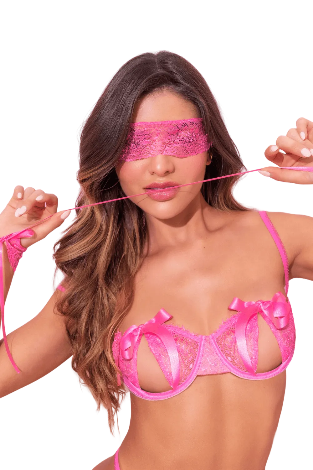 Ensemble sexy 4 pièces avec soutien-gorge ouvert, string, bandeau et menottes en dentelle